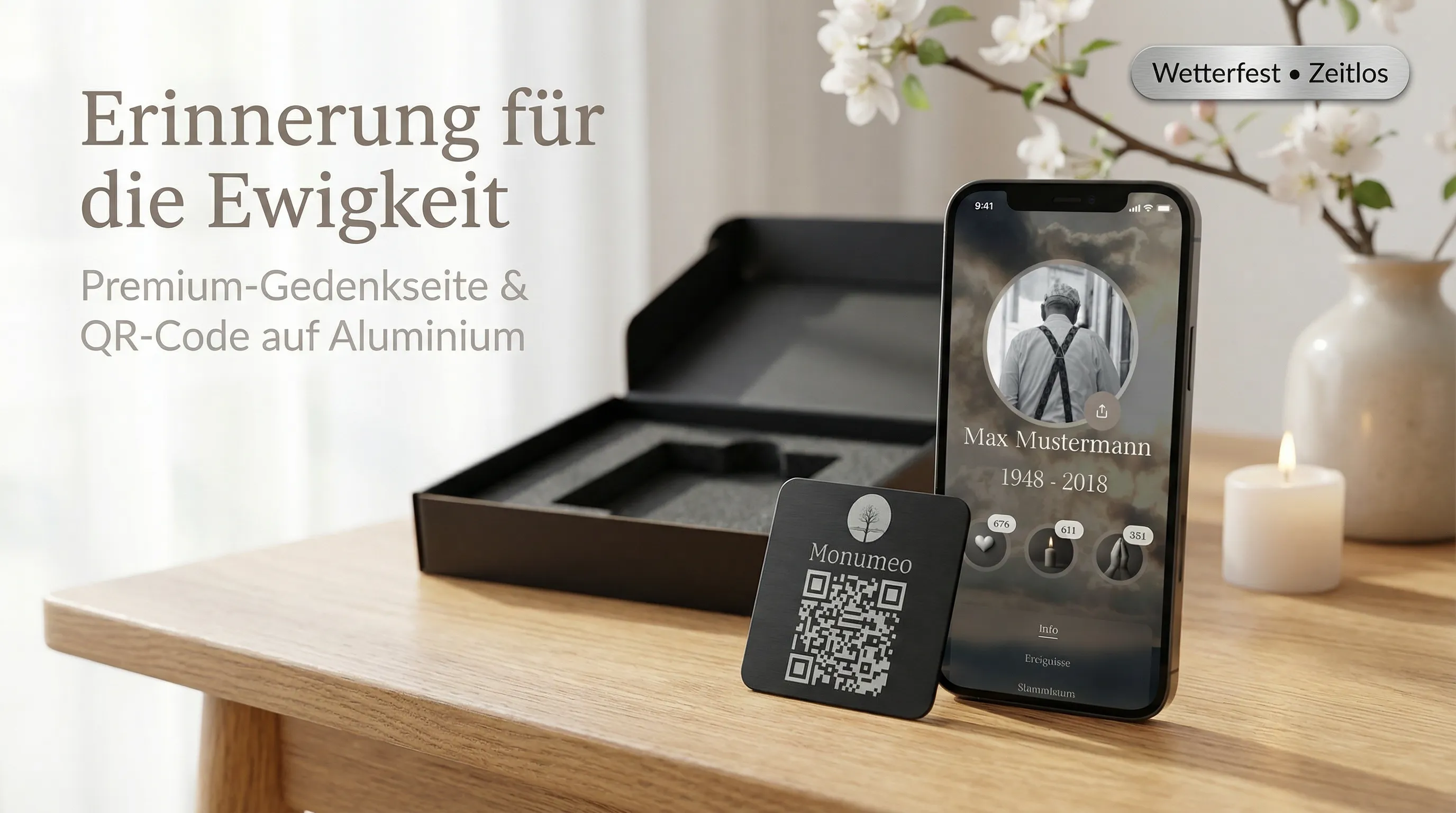 Premium Gedenkseite + QR-Code auf Aluminium