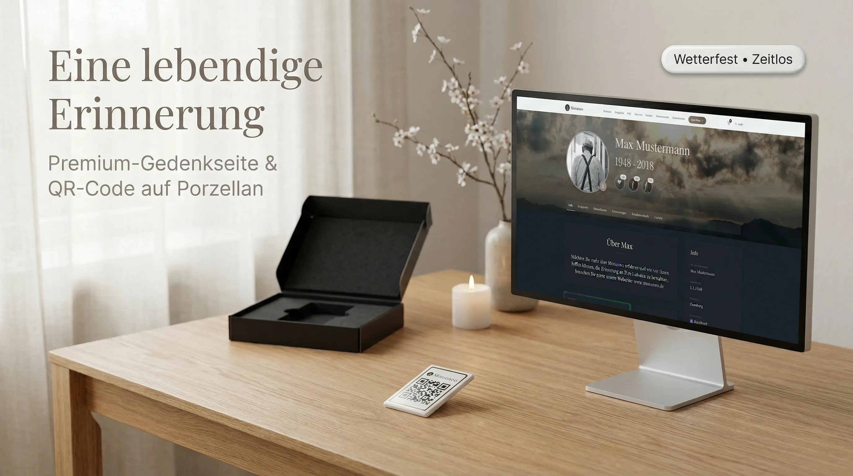 Premium Gedenkseite + QR-Code auf Porzellan